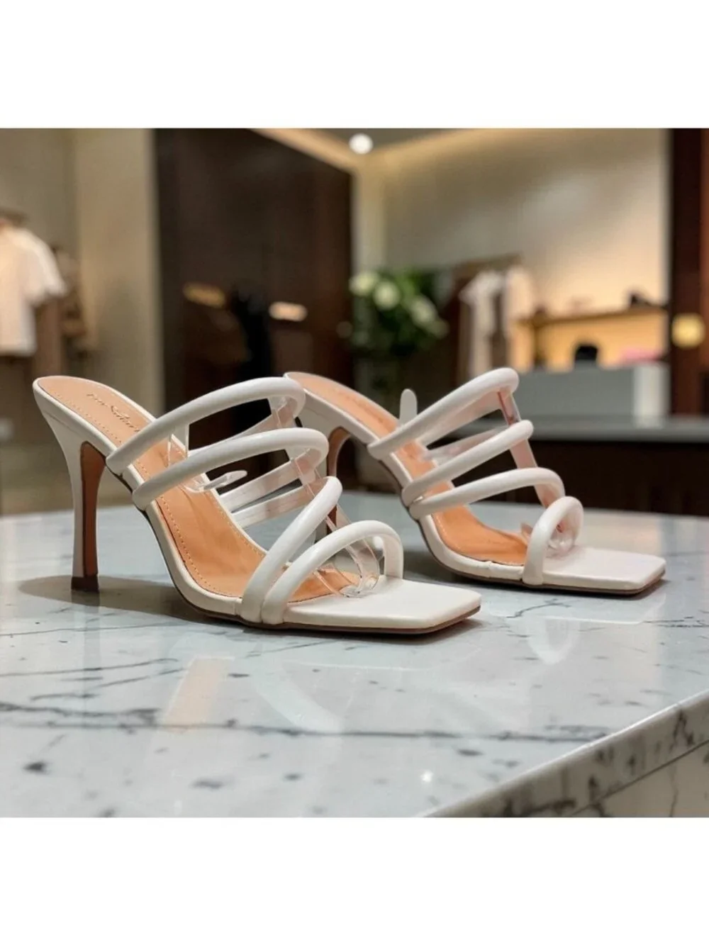 Strappy White High Heel Sandals With Square Toe  Strap  Elegant Style For Women